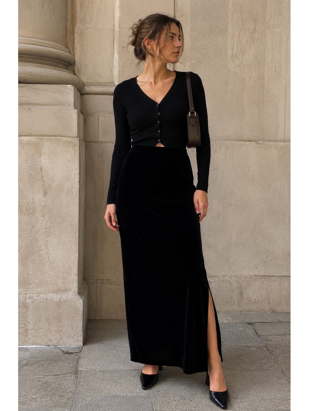 Vintage 90’s Y2K Patra Black Velvet Maxi Skirt with Side Slit Size 14